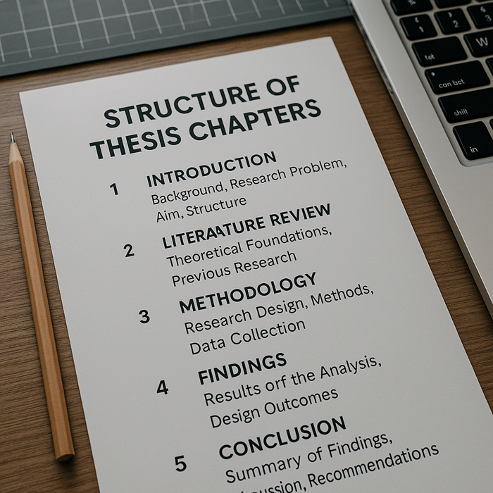 برگهای با عنوان Structure of Thesis Chapters که فهرست فصلهای پایاننامه شامل Introduction، Literature Review، Methodology، Findings و Conclusion را روی میز کار در کنار لپتاپ و مداد نشان میدهد
